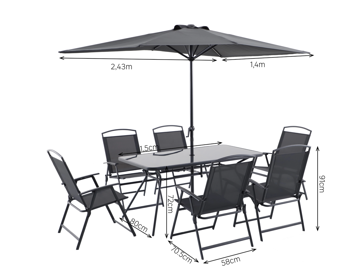 Gartenmöbel-Set: Tisch, 6 Stühle & Schirm – Anthrazit