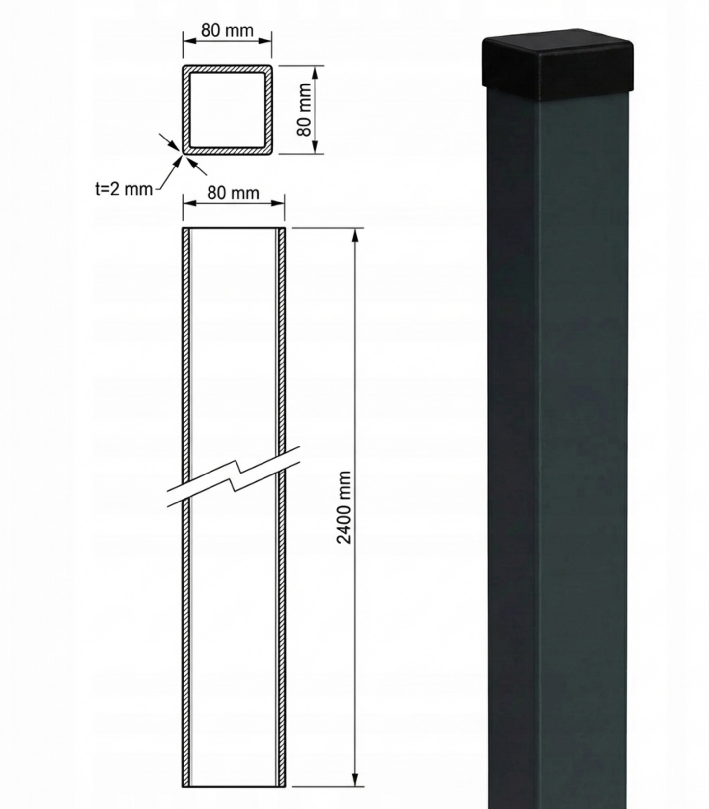 Tor- und Zaunpfosten aus Stahl 80x80x2400mm