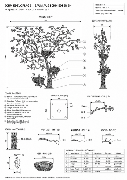 Schmiedeeiserner Eichen-Baum mit Nestern