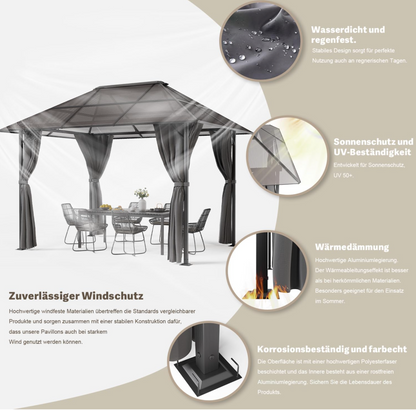Pavillon in 2 Größen Winterfest mit PC-Dach & Seitenwänden – PROHAS APEN - TORE - ZÄUNE