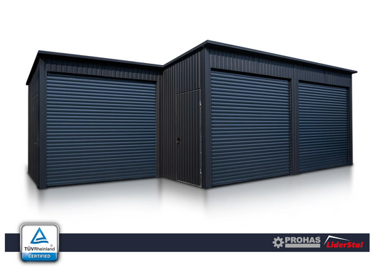 PREMIUM Halle / Lagerhalle SKU320 Stahlgarage 6×5 m + 3×3 m – Pultdach