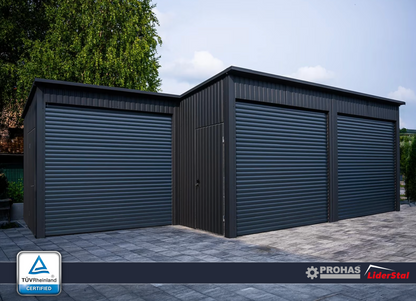 PREMIUM Halle / Lagerhalle SKU320 Stahlgarage 6×5 m + 3×3 m – Pultdach