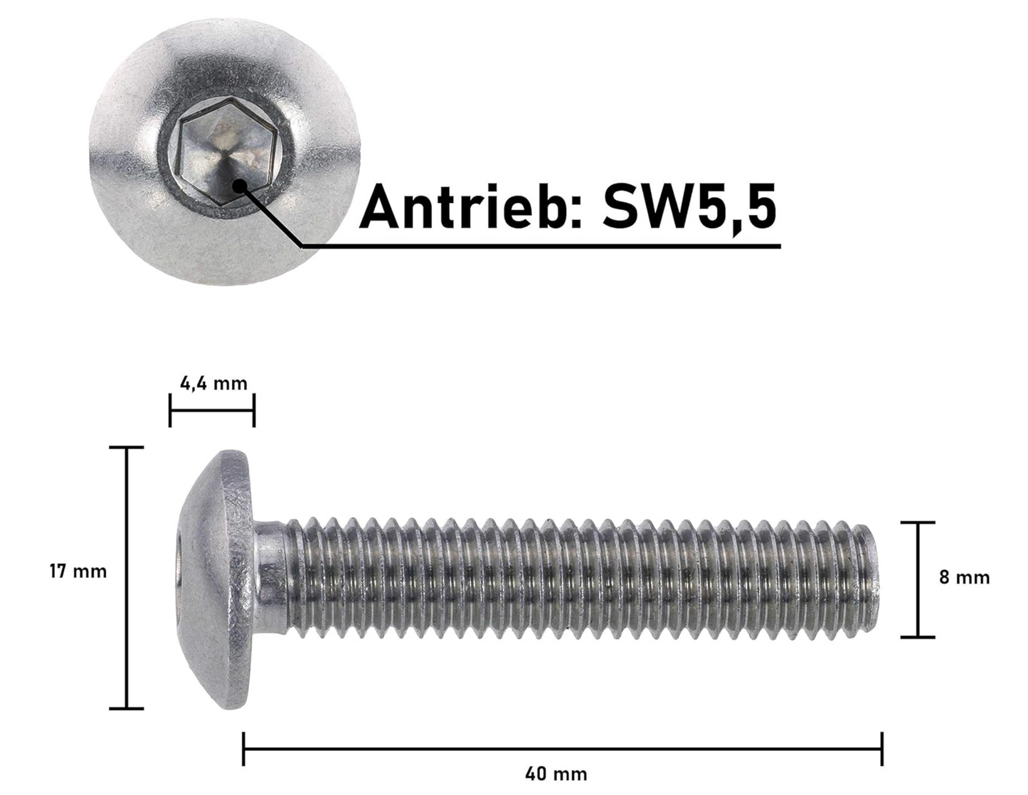 10x Zaunschrauben Edelstahl INOX A2 M8x40 mm, Innensechskant SW 5,5