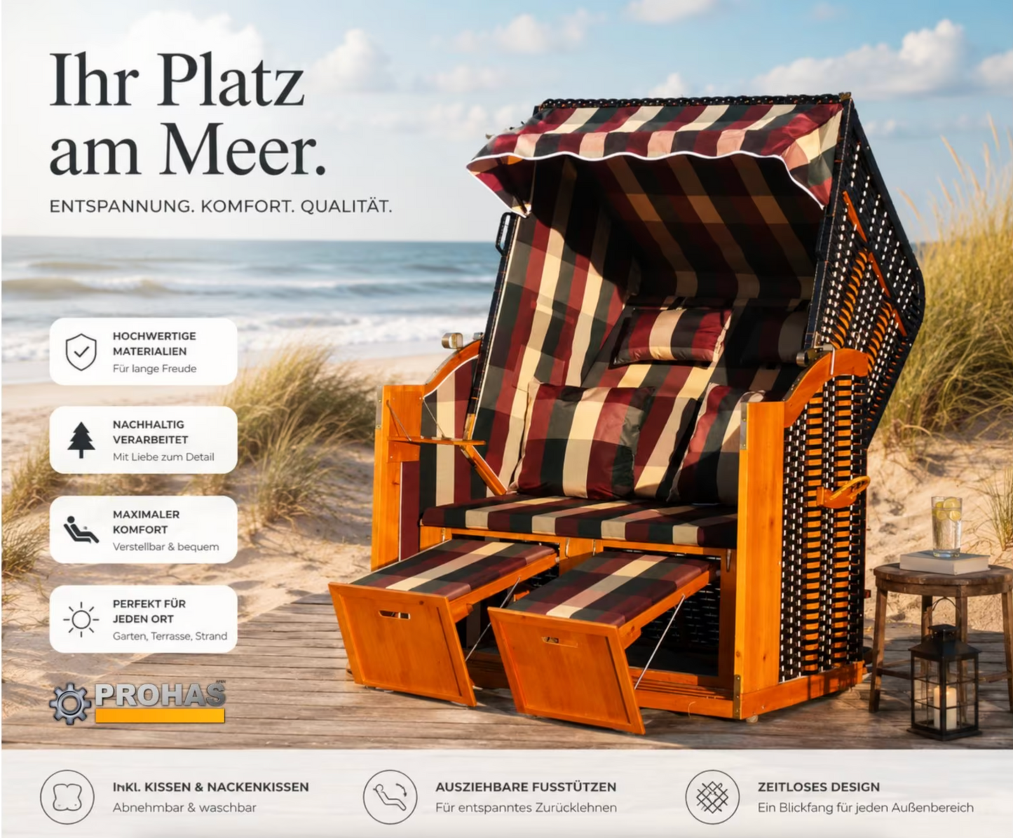 2-Personen Strandkorb Rügen XXL – 4 Varianten | Verstellbar