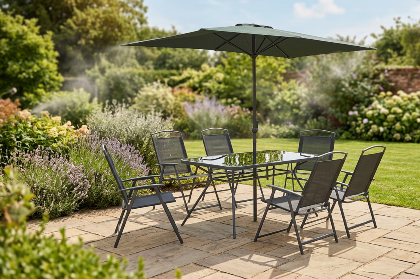 Gartenmöbel-Set: Tisch, 6 Stühle & Schirm – Anthrazit