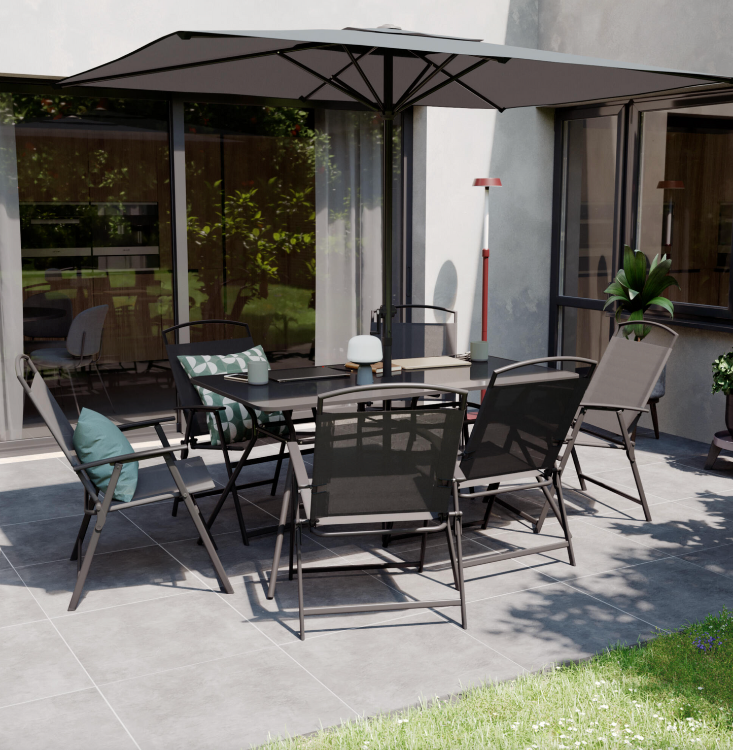 Gartenmöbel-Set: Tisch, 6 Stühle & Schirm – Anthrazit
