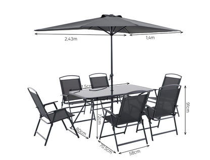 Gartenmöbel-Set: Tisch, 6 Stühle & Schirm – Anthrazit
