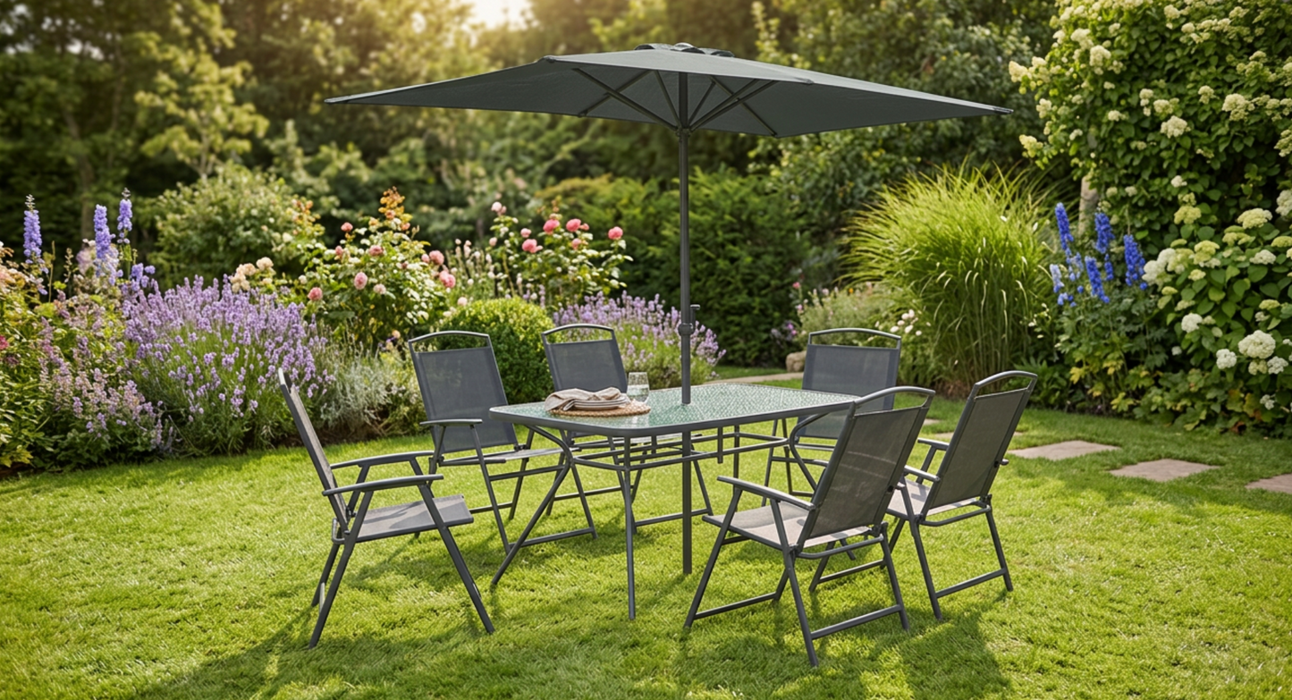 Gartenmöbel-Set: Tisch, 6 Stühle & Schirm – Anthrazit