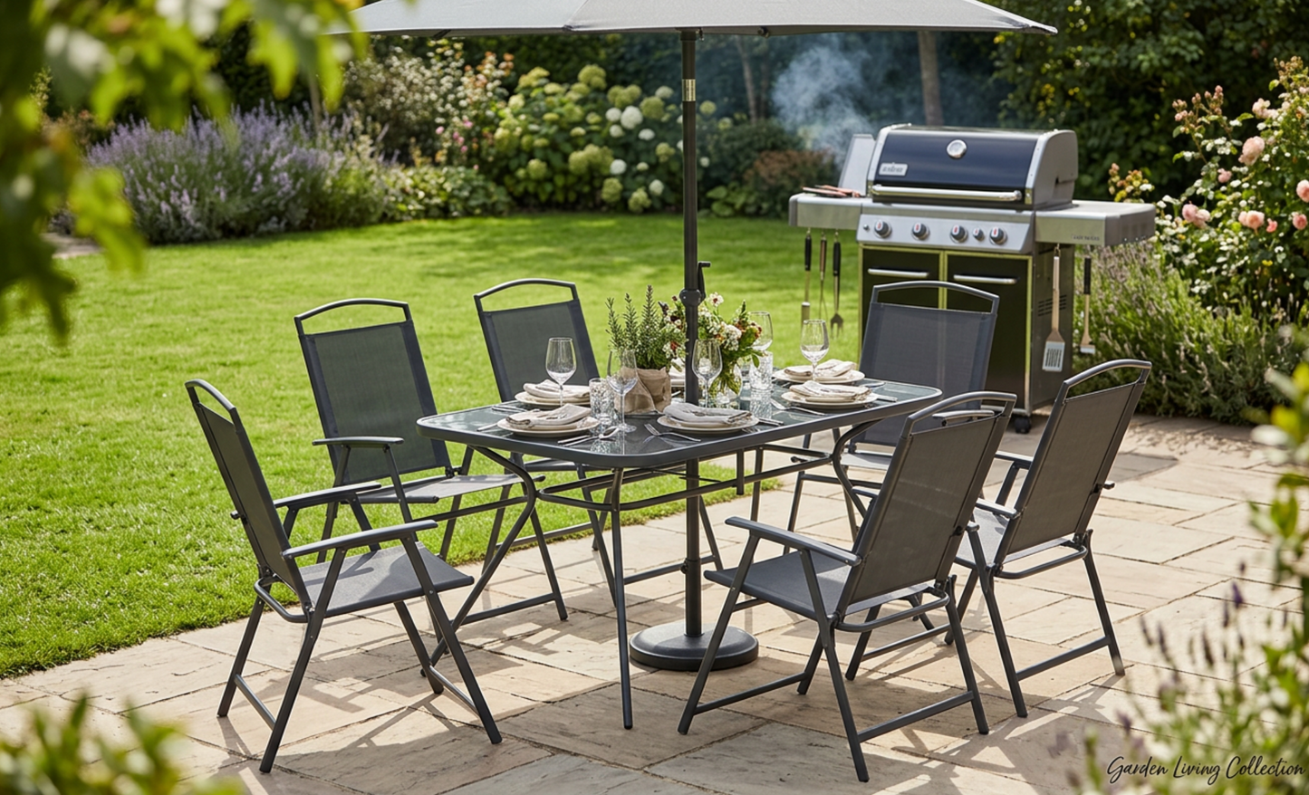 Gartenmöbel-Set: Tisch, 6 Stühle & Schirm – Anthrazit