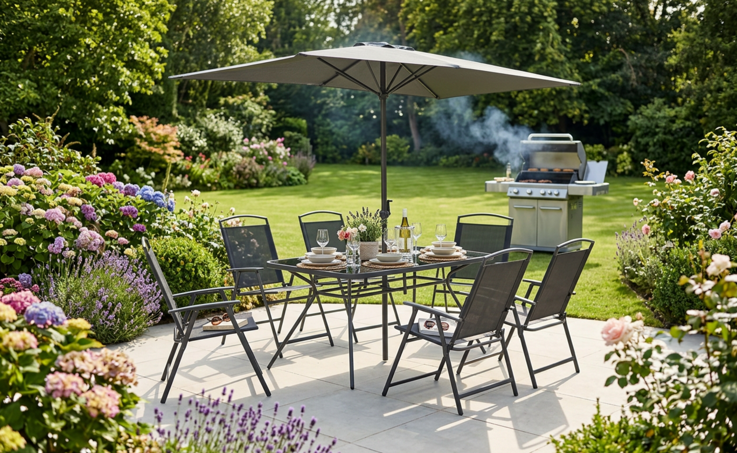 Gartenmöbel-Set: Tisch, 6 Stühle & Schirm – Anthrazit