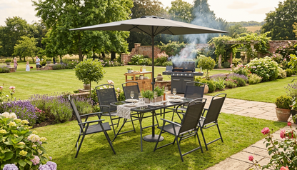 Gartenmöbel-Set: Tisch, 6 Stühle & Schirm – Anthrazit