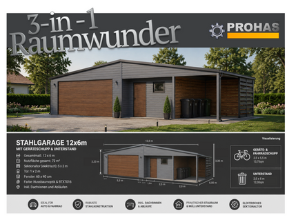 PREMIUM Werkstatt Stahlgarage mit Unterstand 12x6m inkl. Aufbau!